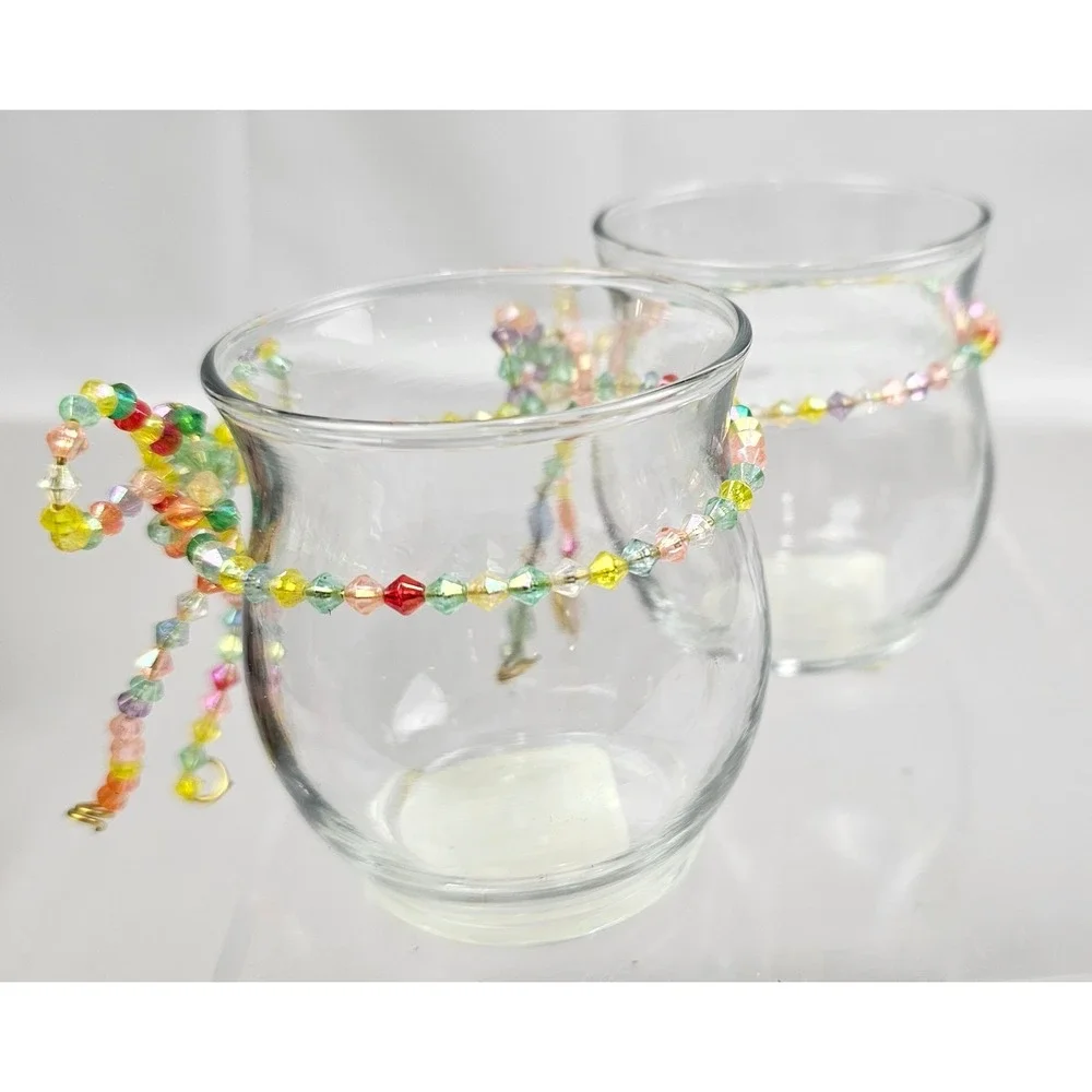Anchor Hocking Clear Glass Votive Candle Holders Beaded Bow Set of‎ 2 88638 USA